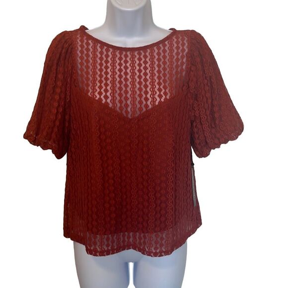 Haute Monde Short Puff Sleeve Geometric Lace Sheer NWT Orange Medium Workwear - Picture 1 of 9